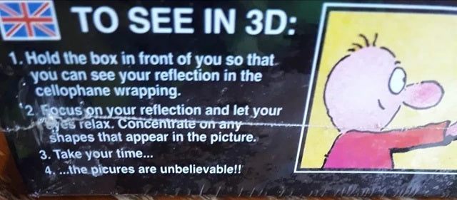 Instructions for viewing a product in 3D with a cartoon character on the right side.