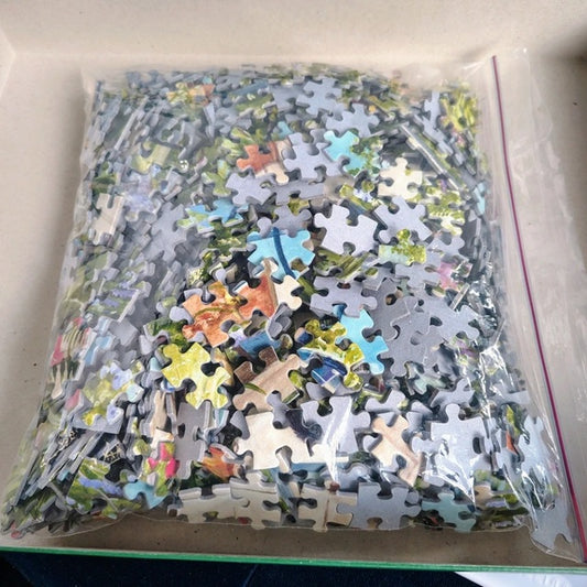 Jigsaw puzzle pieces in a clear plastic bag on a cardboard base