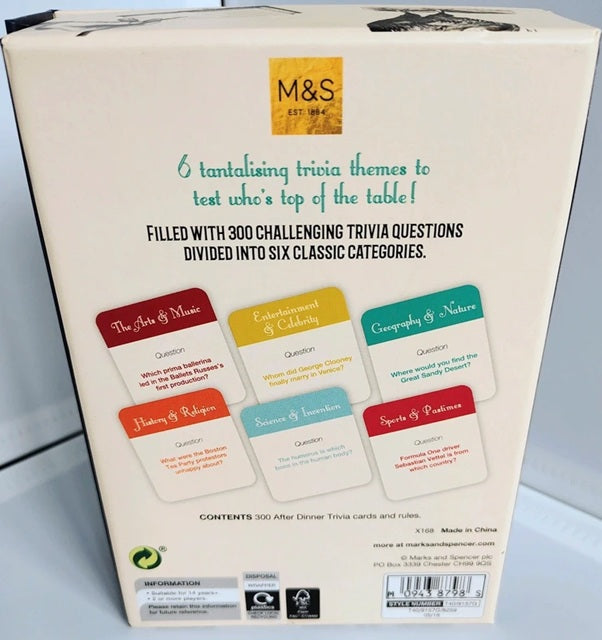 Back of a card game box with trivia questions and M&S branding