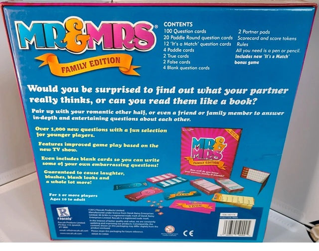 Back of a 'Mr & Mrs' board game box with text and images of the game components.