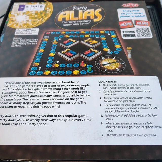 Party Alias board game packaging with rules and branding