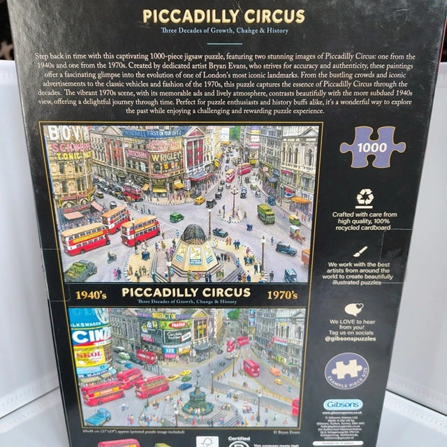 Gibsons Piccadilly Circus puzzle packaging with images of the puzzle and branding details.