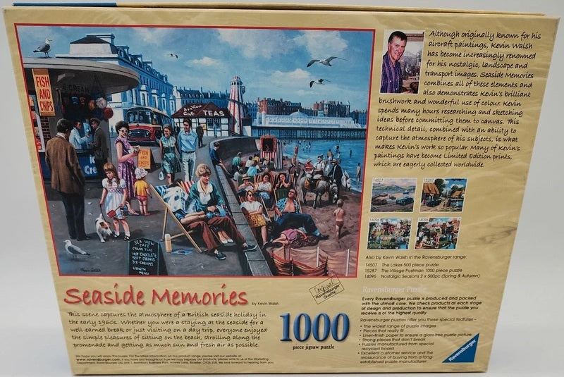 A vintage 1000-piece jigsaw puzzle box titled 'Seaside Memories' with a large illustrated scene of a seaside street and crowd, plus product text and small inset photos on a beige background.