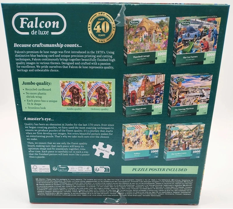 The back of a Falcon de luxe 1000-piece jumbo jigsaw puzzle box, showing multiple colorful puzzle artwork previews, product features, and a puzzle poster included.