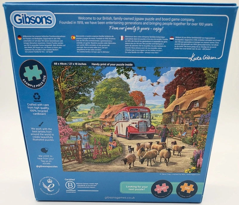 Gibson 1000-piece jigsaw puzzle box featuring a colourful illustration of a village scene with a red bus, thatched cottage, trees, and sheep on a blue background.