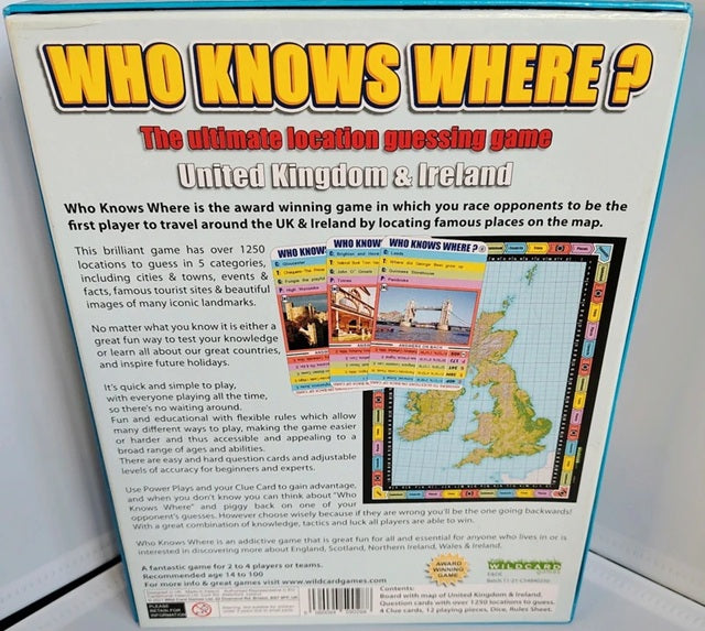 Back of a 'Who Knows Where?' board game box with text and images.