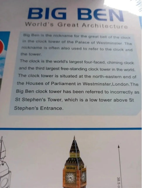 Informational card about Big Ben with text and a diagram of the clock tower.