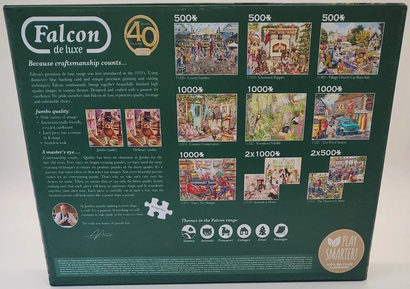 The back of a Falcon de luxe 1000-piece jigsaw puzzle box, featuring various colorful puzzle images and product details on a dark green background.