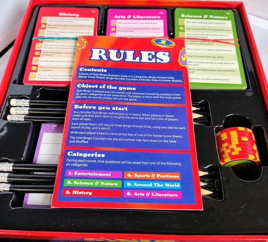 Game set with a 'RULES' card in the foreground