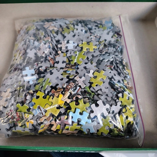 Bag of assorted puzzle pieces on a beige surface