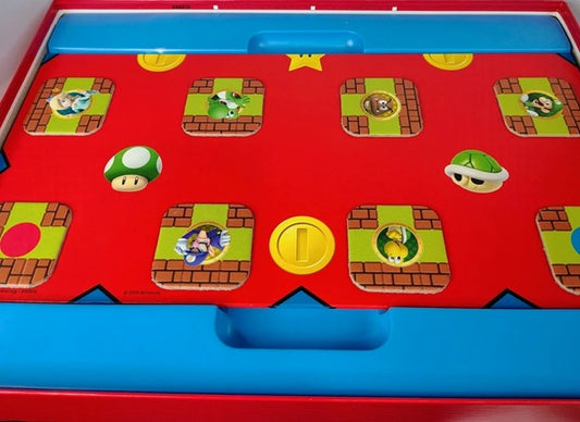 Children's game board cartoon character designs on a red and blue background
