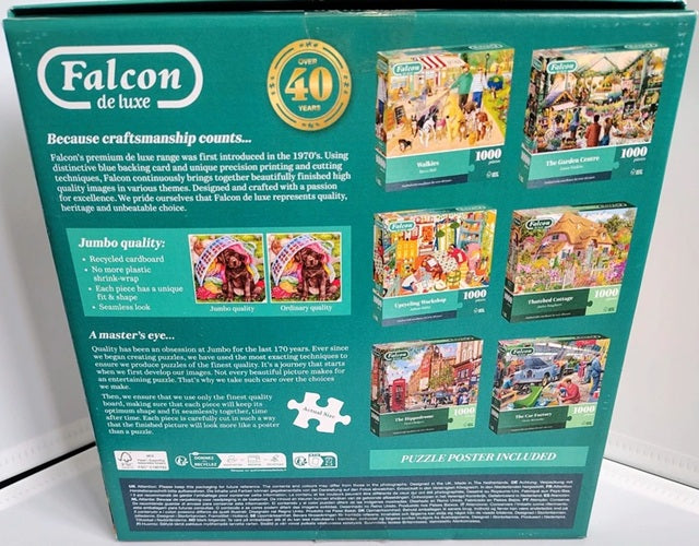 Back of a Falcon de luxe puzzle packaging with images of puzzles and branding details.
