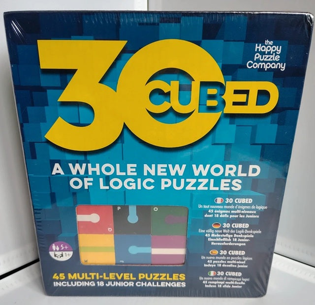 Packaging of '30 Cubed' logic puzzles by The Happy Puzzle Company on a white background.