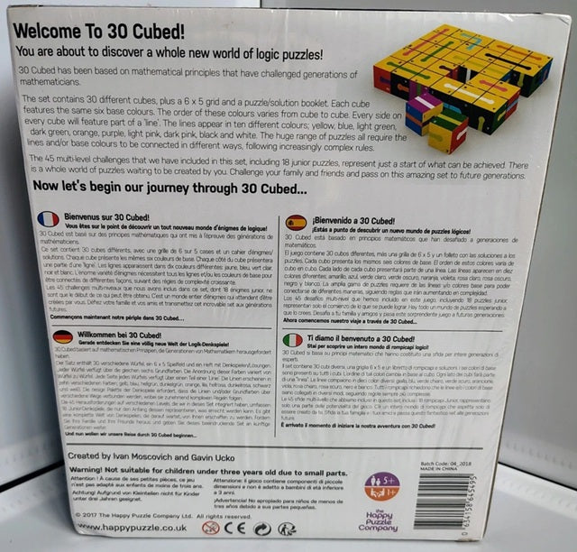 Back of a 30 Cubed puzzle packaging with text and colorful cube illustration.