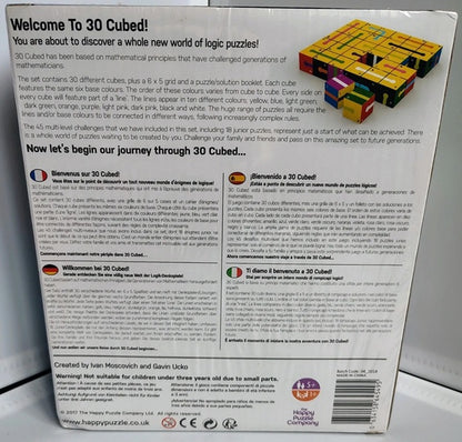 Back of a 30 Cubed puzzle packaging with text and colorful cube illustration.