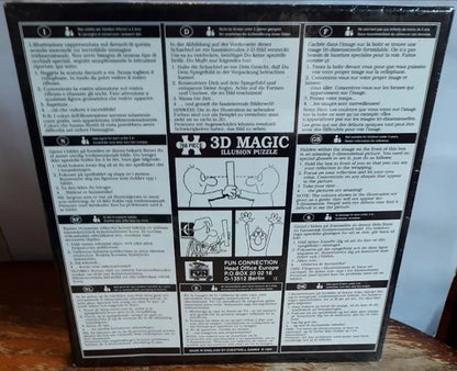 Back of a 3D Magic Illusion Puzzle packaging with text and illustrations.