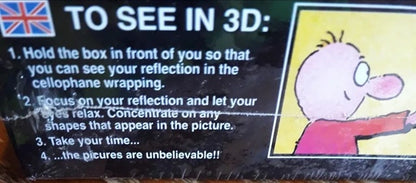 Instructions for viewing a product in 3D with a cartoon character on the right side.