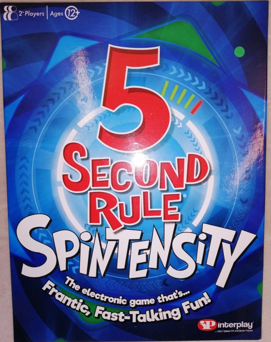 Board game box for '5 Second Rule Spintensity' with colorful design and text.