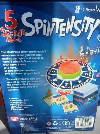 Spintensity game box with colorful design and text on a blue background