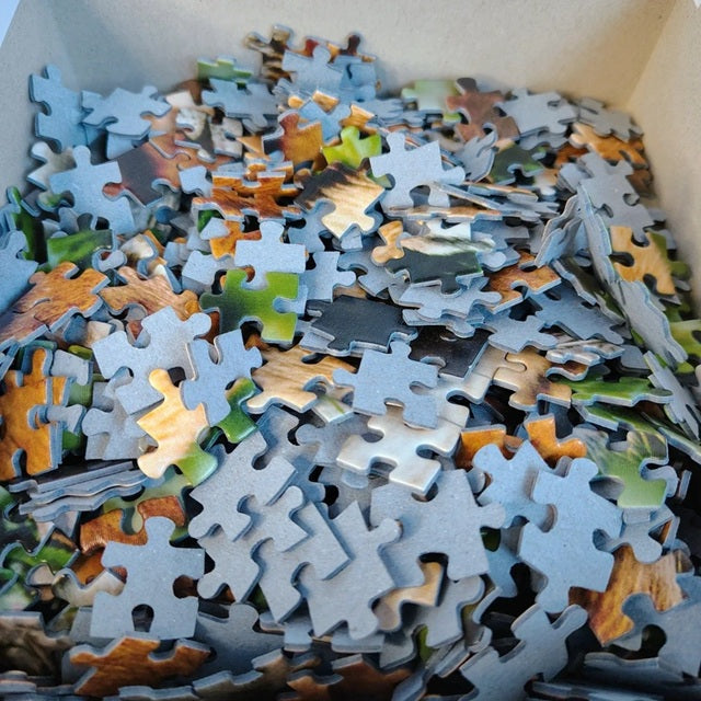 Pile of assorted puzzle pieces in a box