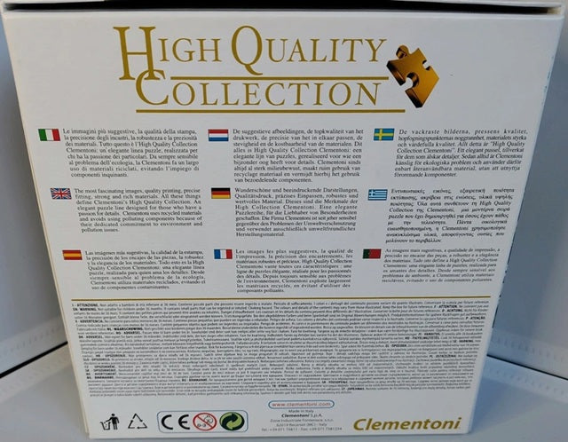 Back of a box with 'High Quality Collection' branding and text, featuring the Clementoni logo.