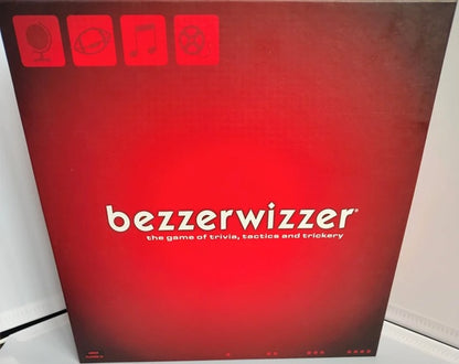 The red and black box for the board game 'bezzerwizzer' on a white surface.