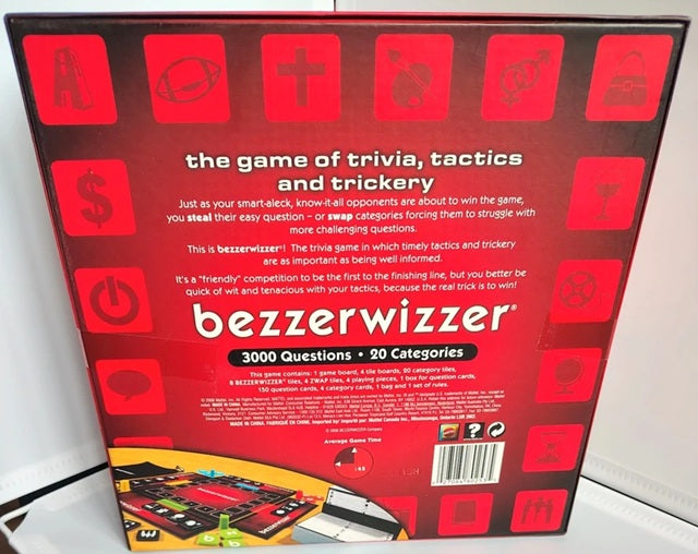Back of a Bezerwizzer trivia and trickery game box, featuring a red background with white text, category icons, and a small game board illustration at the bottom.