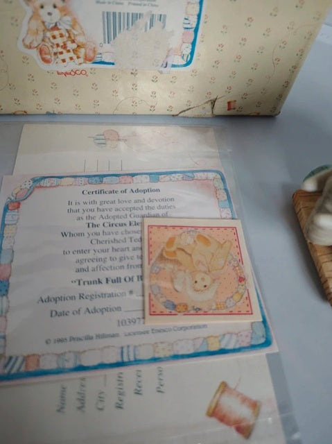 A vintage adoption packet or certificate set, featuring a Certificate of Adoption, a small illustrated card, and a patterned box in the background.
