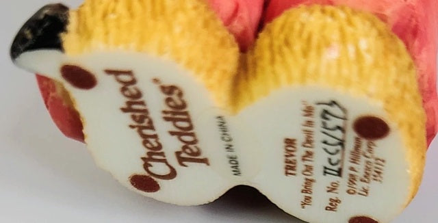 Close-up of a teddy bear paw with 'Cherished Teddies' branding on a white background