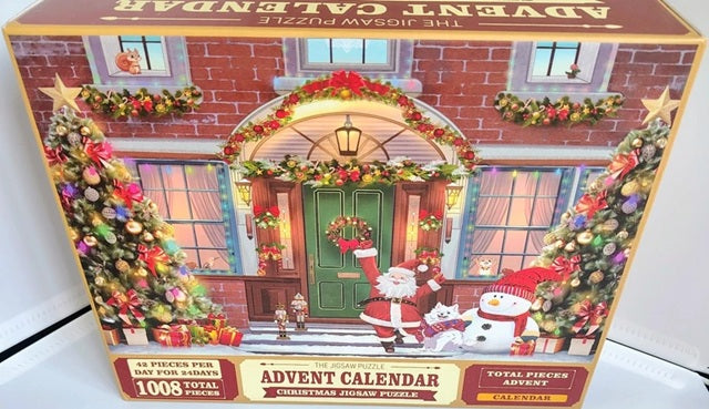 Advent Calendar Christmas Jigsaw Puzzle. Christmas-themed puzzle box with Santa Claus and winter decorations on a white background