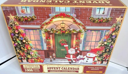 Advent Calendar Christmas Jigsaw Puzzle. Christmas-themed puzzle box with Santa Claus and winter decorations on a white background