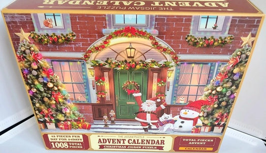 Advent Calendar Christmas Jigsaw Puzzle. Christmas-themed puzzle box with Santa Claus and winter decorations on a white background