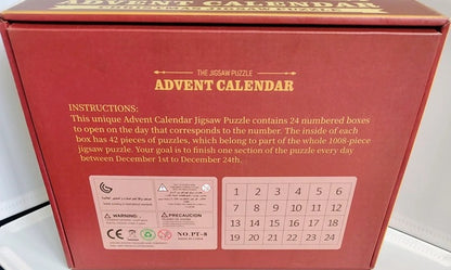 Red advent calendar box with puzzle instructions on a white background
