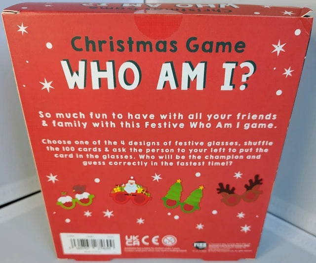 Red box of 'Who Am I?' Christmas game with festive designs