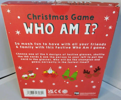 Red box of 'Who Am I?' Christmas game with festive designs