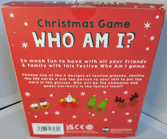 Red box of 'Who Am I?' Christmas game with festive designs