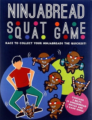 Ninjabread Squat Game packaging with characters and text on a blue background