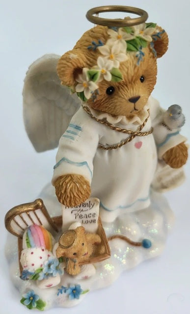 Cherished Teddies Fay, decorative angel figurine with a teddy bear holding a sign on a white background