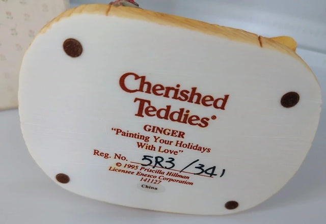 Cherished Teddies gingerbread cookie ornament with brand name and product details.