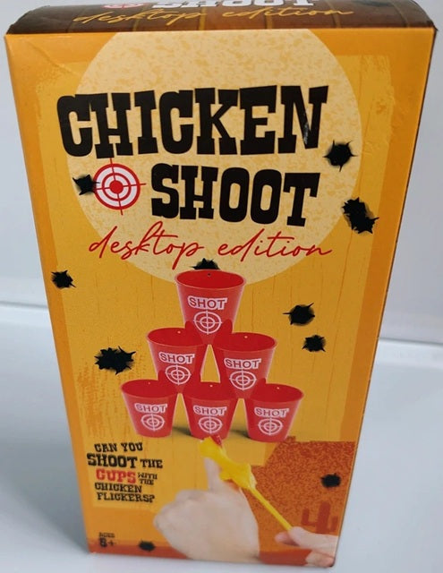 Box of 'Chicken Shoot' desktop edition game with red cups and a target on an orange background.