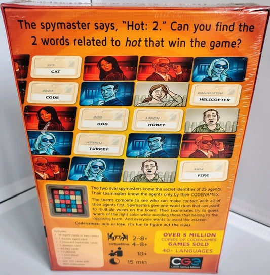 Board game box with character cards and text about the game 'Codenames Hot'.