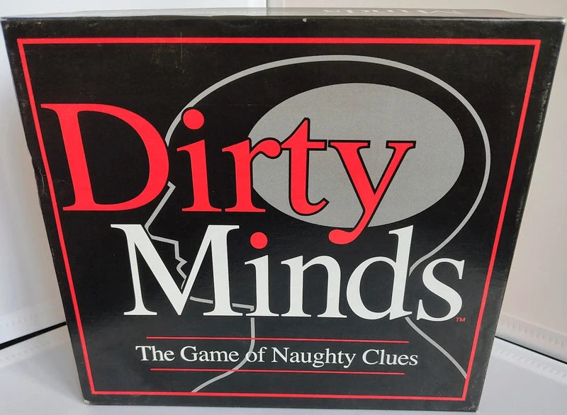 Box of 'Dirty Minds' game with red and white text on a black background