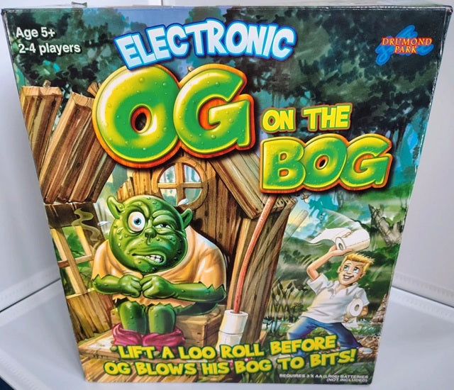 Board game box for 'OG on the Bog' with a green character and wooden structure on the cover.