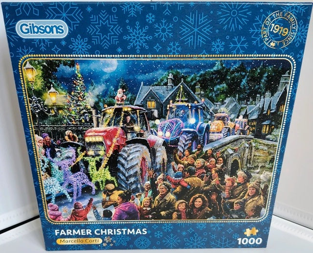Gibsons 'Farmer Christmas' jigsaw puzzle box with festive scene and blue snowflake design.