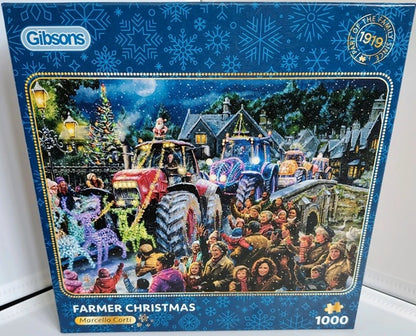 Gibsons 'Farmer Christmas' jigsaw puzzle box with festive scene and blue snowflake design.