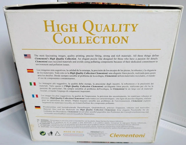 Back of a Clementoni puzzle box with 'High Quality Collection' text and branding.
