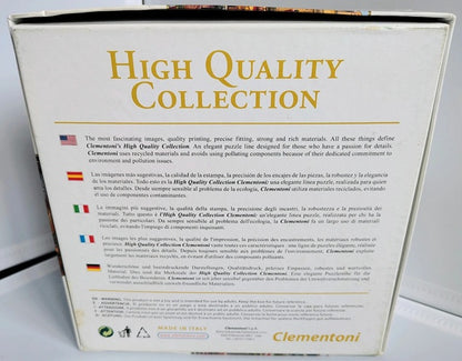 Back of a Clementoni puzzle box with 'High Quality Collection' text and branding.