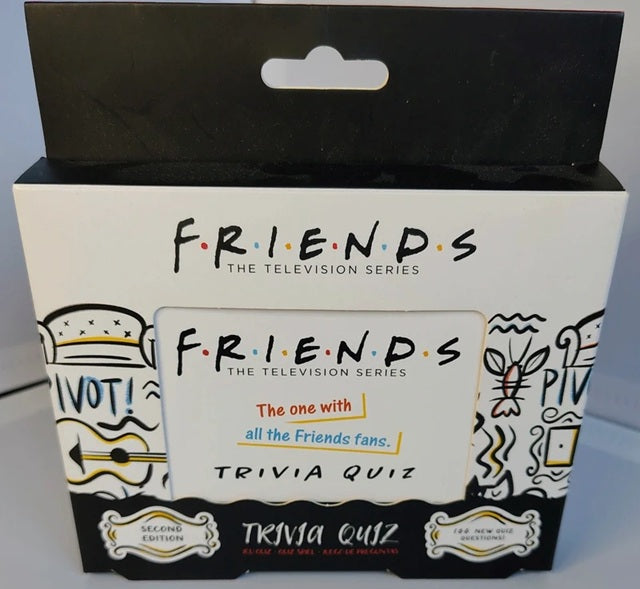 Trivia quiz packaging for 'Friends' television series with decorative elements on a plain background.