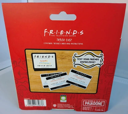 F.R.I.E.N.D.S trivia quiz packaging with cards and branding on a red background
