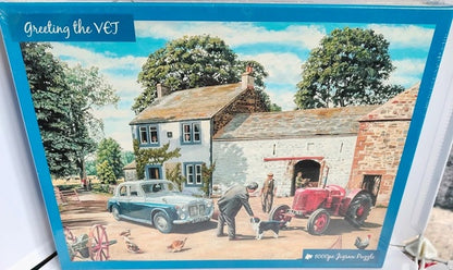 Greeting The Vet 1000 piece Jigsaw puzzle box with a vintage scene of a man greeting a veteran outside a house.
